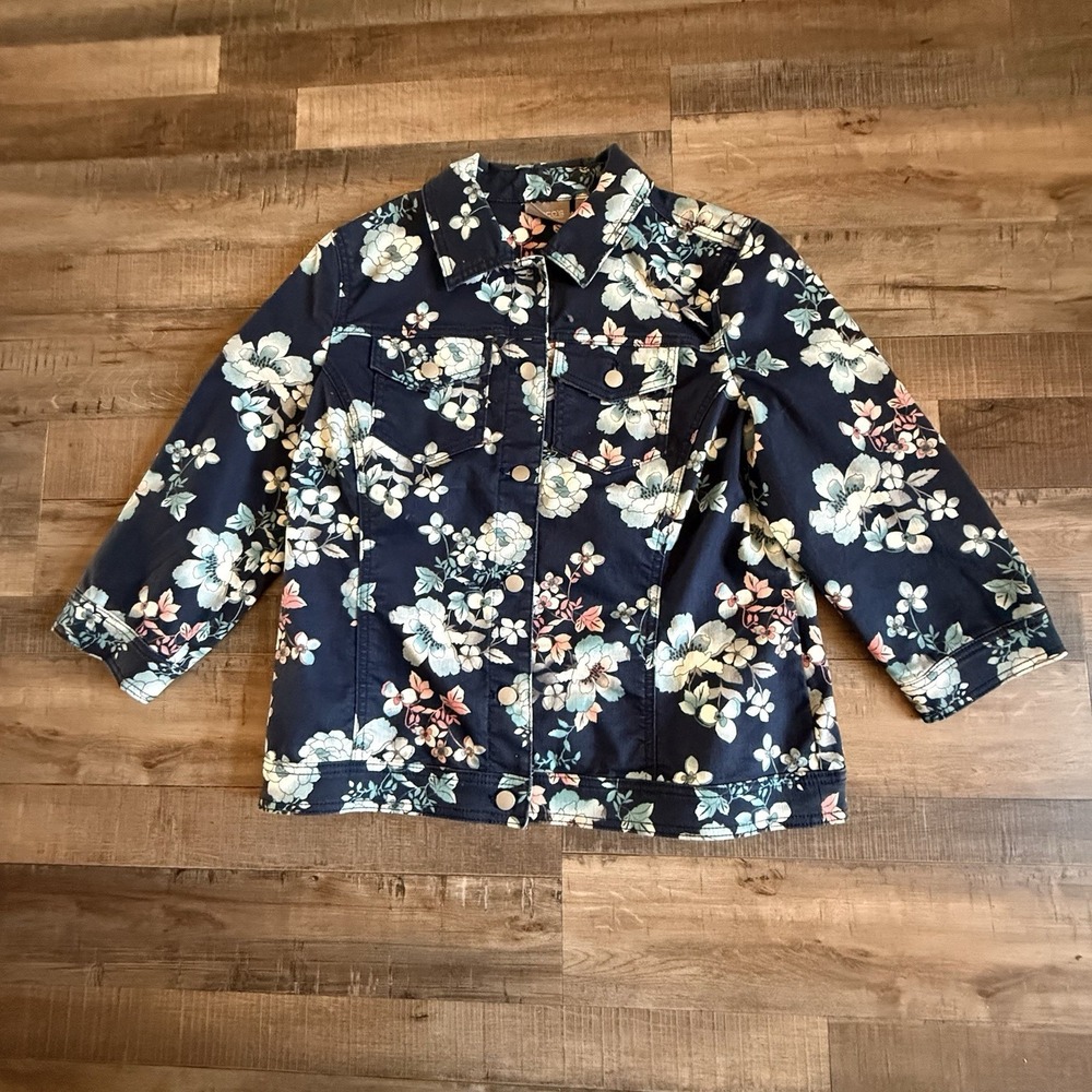 Chico's Floral Button Up Floral Jacket Pockets Collared Size 1 (M 8-10) Navy